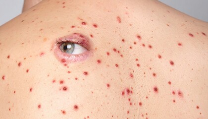 Fototapeta premium Close-up of a persons back covered in numerous red spots, possibly chickenpox or measles, with a single eye superimposed on the skin, creating a surreal and unsettling image.