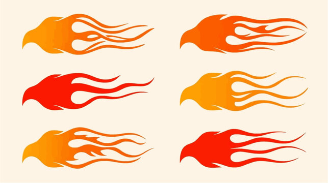 Set of six stylized flame designs in various shades of orange, red, and yellow, suitable for hot rod decals or graphic elements.
