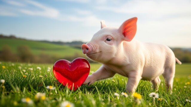 Piglet next to a heart shape in a green meadow with blue sky backdrop