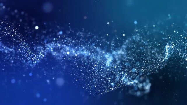 Sparkling blue particles and glowing lights forming magical cosmic dust waves in dark blue abstract background atmosphere.
