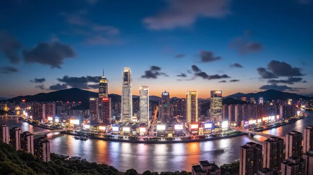 Vibrant cityscape with illuminated skyscrapers and serene waterway at dusk surrounded by majestic mountains and cloudy sky atmosphere.