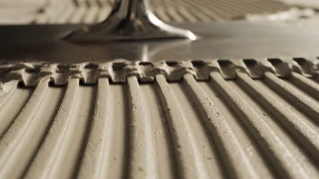 Applying ceramic tile adhesive with notched metal trowel on concrete floor in slow motion