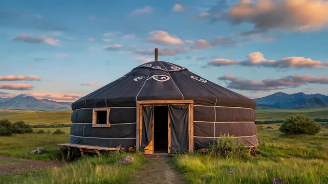Real-life footage of a yurt on the grassland, yurt grassland scenery