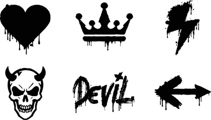 Obraz premium A collection of grunge style black silhouettes with dripping paint effect, including a heart, crown, lightning bolt, horned skull, 'DEVIL' text, and an arrow.