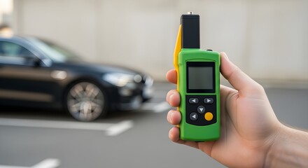 Hand Holding Green Breathalyzer Next to Car for Detecting Alcohol on Breath Test