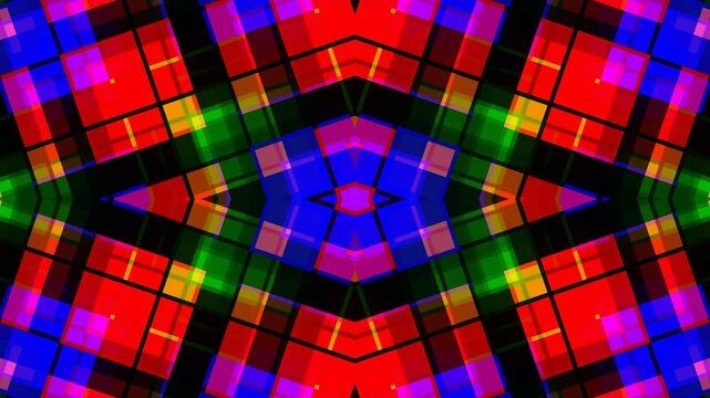 Vibrant geometric pattern of multicolored squares and rectangles in a symmetrical design with a mix of bright red, blue, green, and yellow hues on a black background.