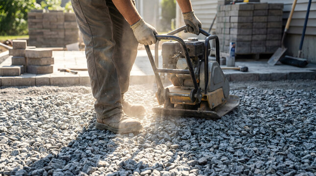 Construction worker operating a plate compactor on a gravel surface during outdoor paving project with bricks and materials nearby