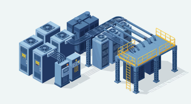 Isometric Data Center and Server Room Infrastructure.