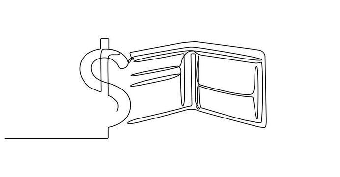 Animated self drawing of continuous line draw wallet dolar Icon in trendy flat style isolated on white background, leather wallet animation continuous one, Full length single line animation. Wallet 