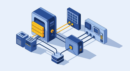 Obraz premium Isometric illustration of a complex computer network system with servers and devices.