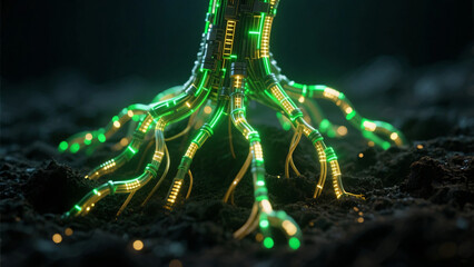 電子回路や光ケーブルが木の根のように地面に張っている緑色に発光する画像
