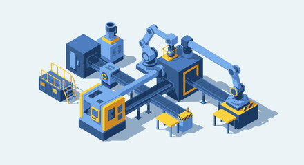 Obraz premium Isometric Industrial Automation with Robotic Arms and Conveyor Belts.