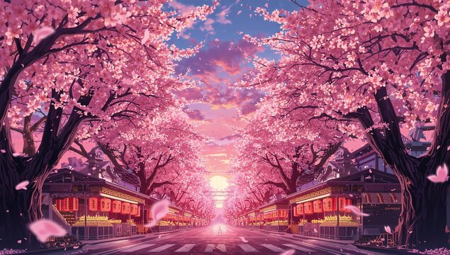 Anime Style Cherry Blossom Festival Street with Lanterns at Sunset