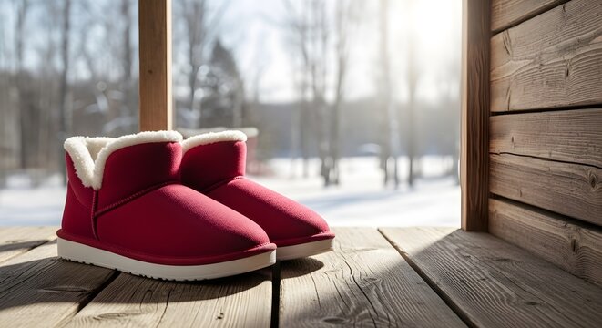 A Pair of Warm Red Winter Boots Sitting on the Wood Deck in the Sunlight