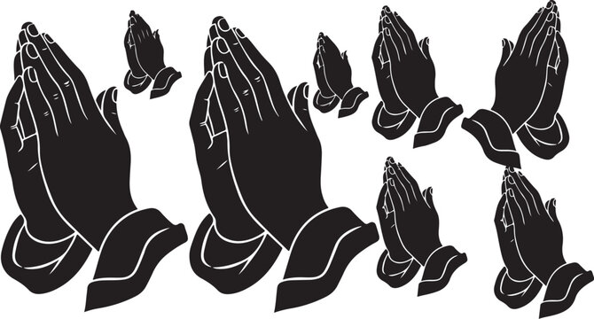 Praying hands in various positions and sizes illustration set