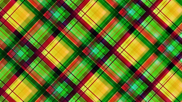 Vibrant plaid pattern with green, yellow, red, and black stripes on a white background, creating a dynamic and colorful design.