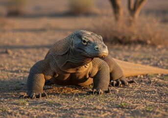 Fototapeta premium Close-up of a majestic Komodo dragon walking across dry savanna landscape in Indonesia. Captured in natural habitat with dramatic golden hour lighting, highlighting detailed reptile skin texture. Rare
