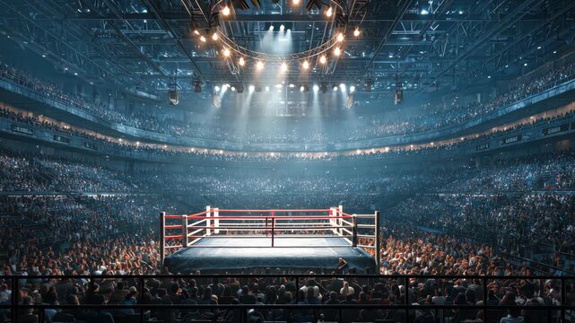 Interior shot of a boxing arena, illuminated ring surrounded by a massive crowd under bright lights