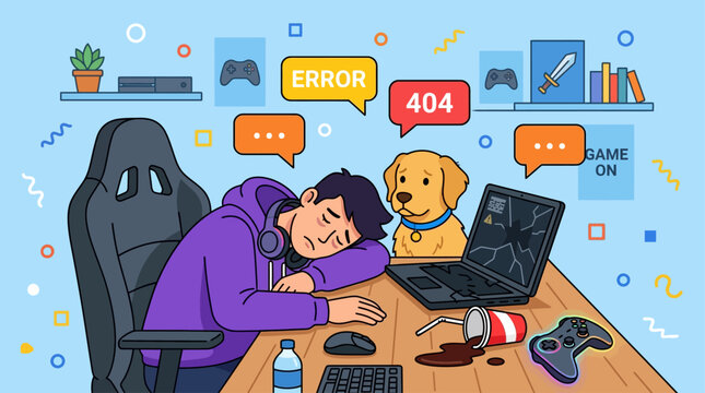 A frustrated gamer falls asleep on a cluttered desk with a dog beside a computer displaying an error message and gaming accessories