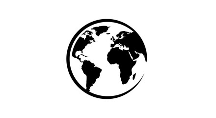 Fototapeta premium Black and white Earth globe icon showing world map continents. Global communication, international travel, planet symbol, graphic design element.