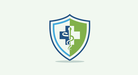 Obraz premium Health protection shield icon with medical cross and caduceus symbol. Healthcare safety, security, and medical care concept.