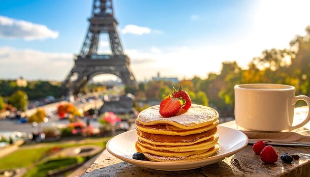 Stack of pancakes with berries and a coffee cup with the Eiffel Tower in the background