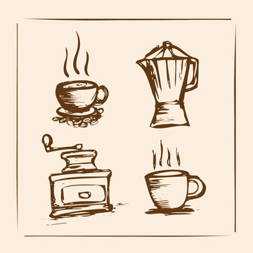 Rustic hand-drawn coffee elements set featuring steaming mugs, a vintage Moka pot, and a classic coffee grinder, perfect for cafe menus or organic style beverage designs