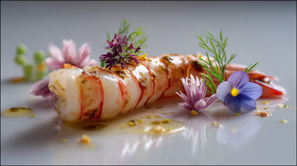 michelin star dining: Barely cooked scarlet prawn brushed with seaweed-infused butter, accented with finger lime and coastal herbs. Pure, sweet, and textural