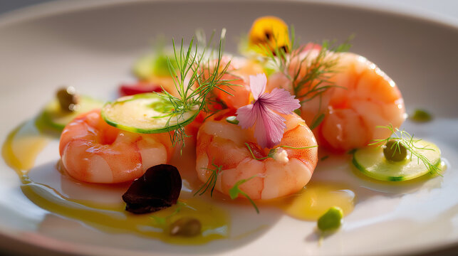 michelin star dining: Barely cooked scarlet prawn brushed with seaweed-infused butter, accented with finger lime and coastal herbs. Pure, sweet, and textural