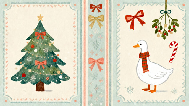 Whimsical Christmas illustrations featuring a decorated tree and a goose wearing a scarf.