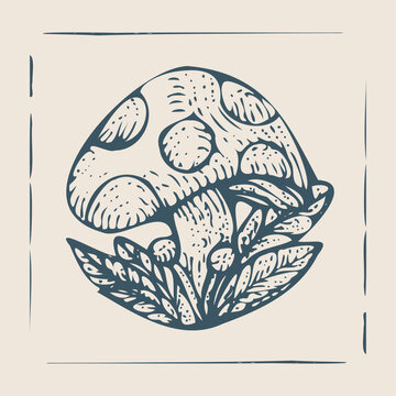 Hand-drawn illustration of a vintage mushroom and leaves in a rustic, organic style