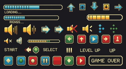 Pixel art game interface elements and buttons collection. © DOG2