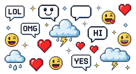 Obraz premium Pixel Art Speech Bubbles and Emojis with Hearts and Clouds.