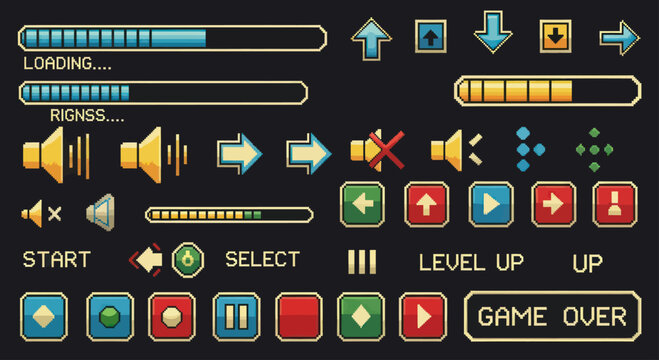Pixel art game interface elements and buttons collection.