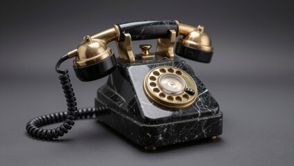 Vintage black marble rotary dial telephone with brass accents on a grey surface