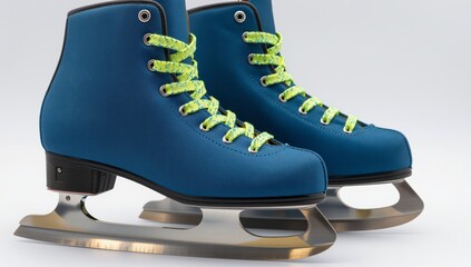 Close up of a pair of blue ice skates with bright yellow laces and silver blades