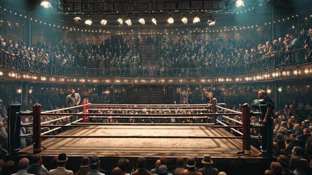 A packed boxing arena with a ring, referees, and a large crowd in vintage attire