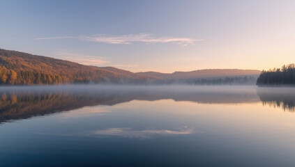 Serene lake dawn mist reflection hills forest