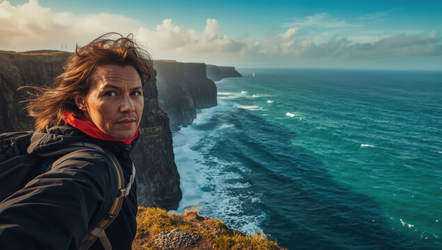 Solo traveler on cliff edge overlooking dramatic ocean cliffs with windy mood