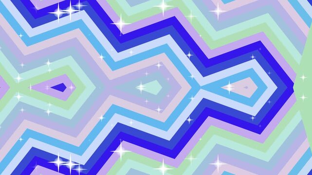 A dazzling abstract zigzag pattern of shimmering pastel and deep blue stripes, with scattered star-like sparkles, creating a vibrant, energetic, and whimsical visual effect