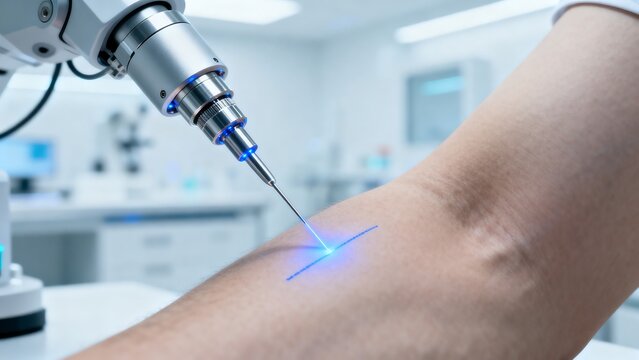 Advanced medical robotic needle precision procedure on patient arm in clinic