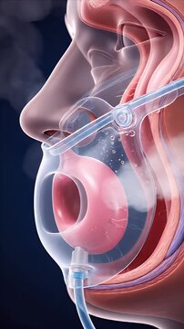 Medical CGI Visualization of Nasal Airflow Humidification with CPAP Mask Interface Demonstrating Respiratory System Benefits