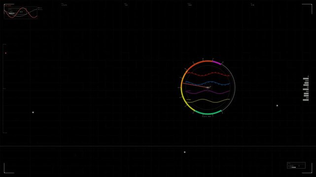 A hud animation shows various graphs and data visualizations in a sci fi space setting. The design contains circular and linear elements with colorful lights.