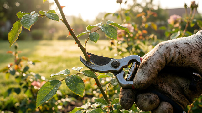 Person pruning rose bush with gardening shears in a wellmaintained outdoor garden during golden hour sunlight