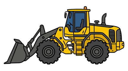Yellow wheel loader construction vehicle isolated on white background.