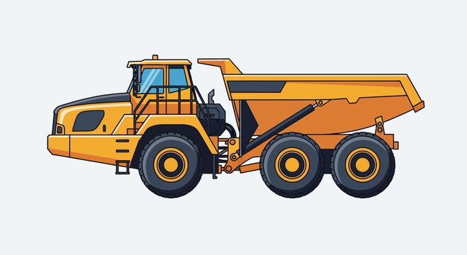 Yellow articulated dump truck, heavy construction vehicle, side view