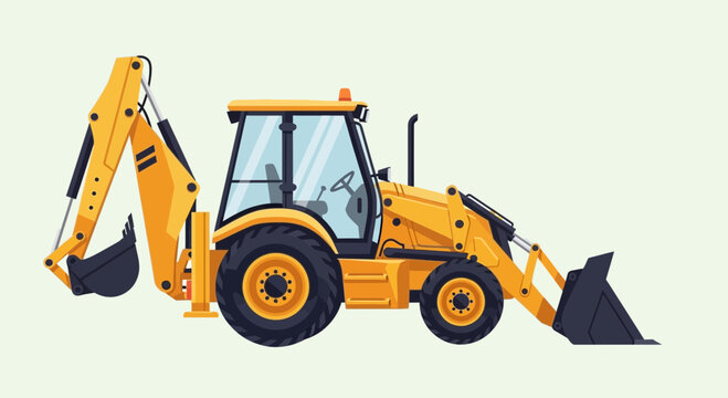 Yellow backhoe loader construction vehicle isolated front view