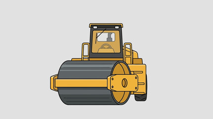 Yellow steamroller construction machine front view isolated on grey background vector illustration