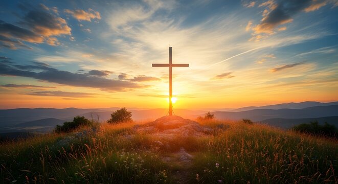 Easter sunday morning sunrise with cross on hill symbolizing resurrection and hope