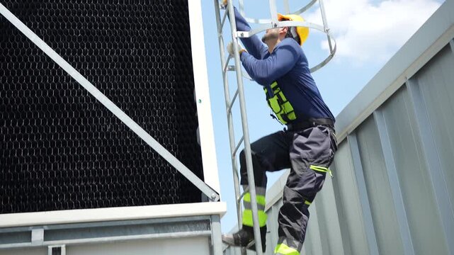 Maintenance worker in safety gear ascending ladder for industrial cooling system inspection, Industrial technician climbing safety cage ladder to perform high-altitude maintenance